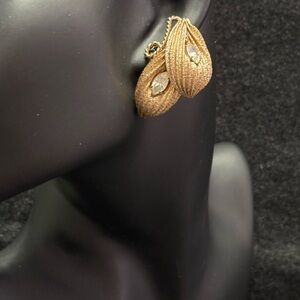 Napier Gold 3D Textured Leaves with Crystal Accent Clip-On Earrings
